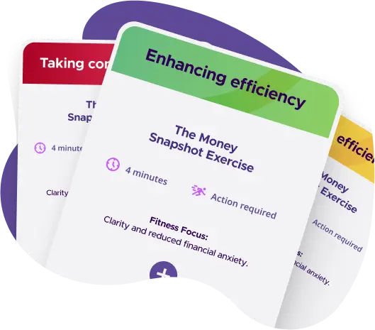 A fan of MoneyFit exercise cards, each with a fitness focus and time to complete