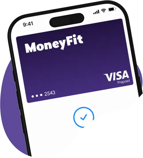 A phone showing the MoneyFit prepaid Visa cashback card in a mobile wallet